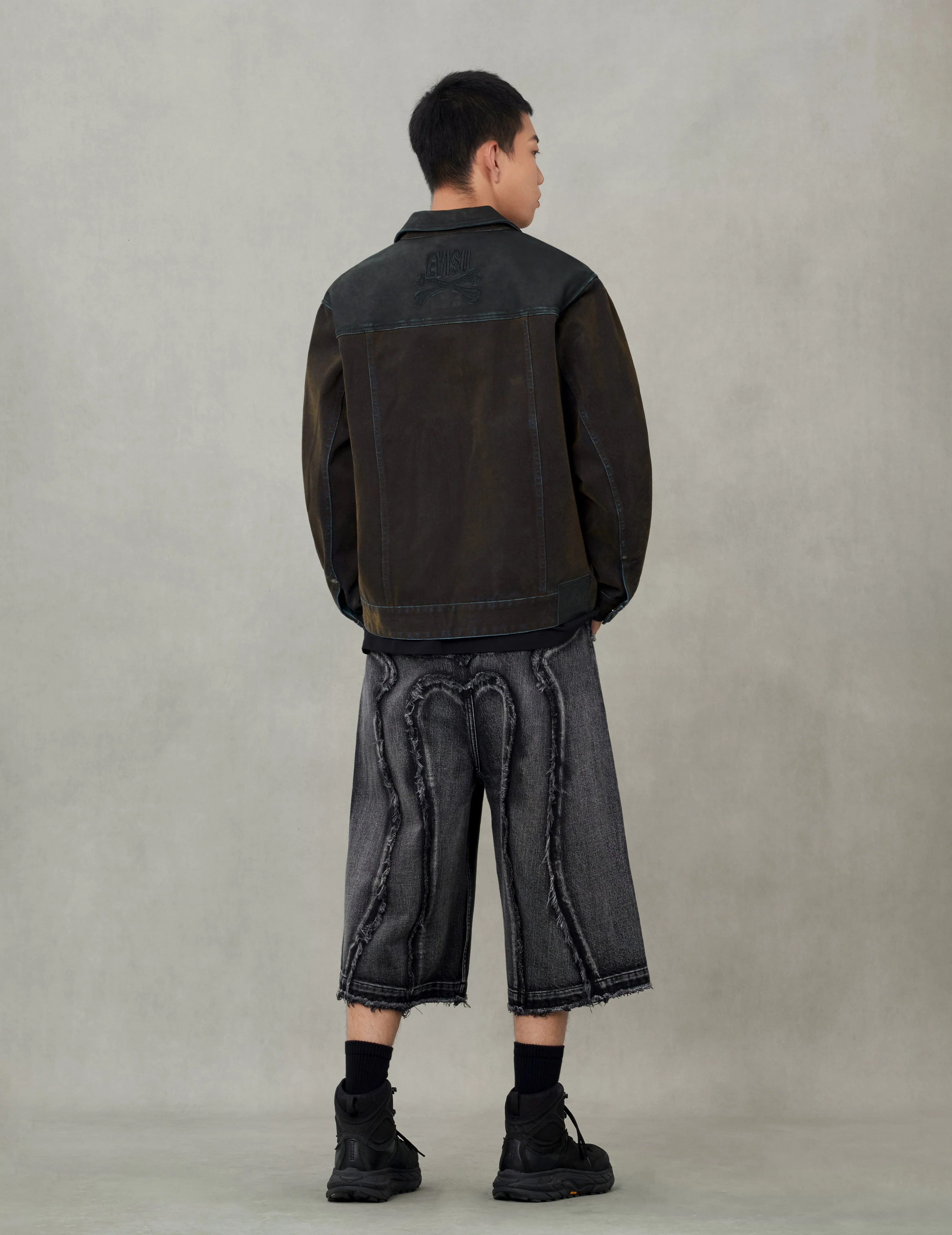 Skull and Logo Embroidery Fashion Fit Heavy Washed Denim Jacket - Image 6