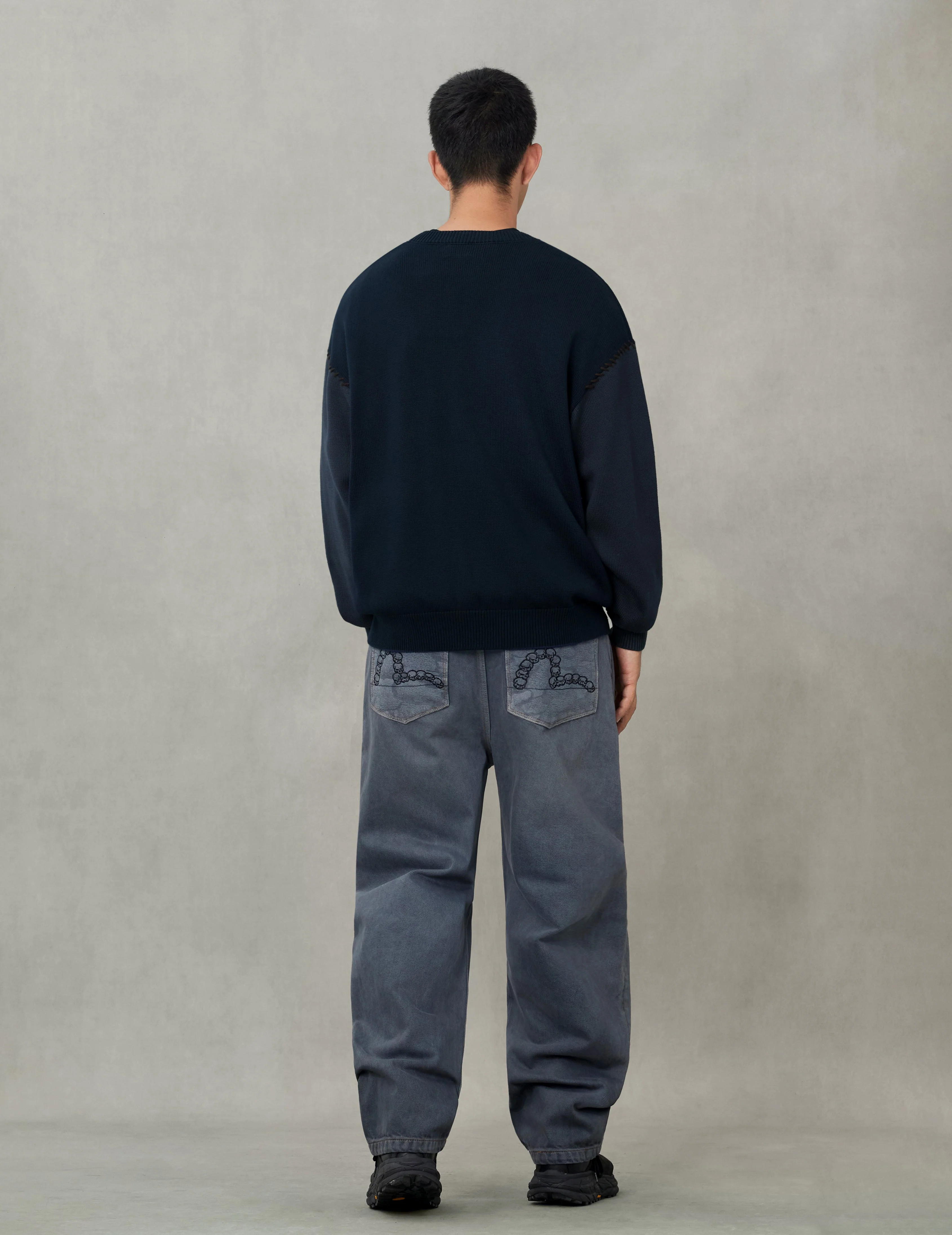 Skull and Seagull Jacquard Oversized Color-Blocking Knit Sweater - Image 6