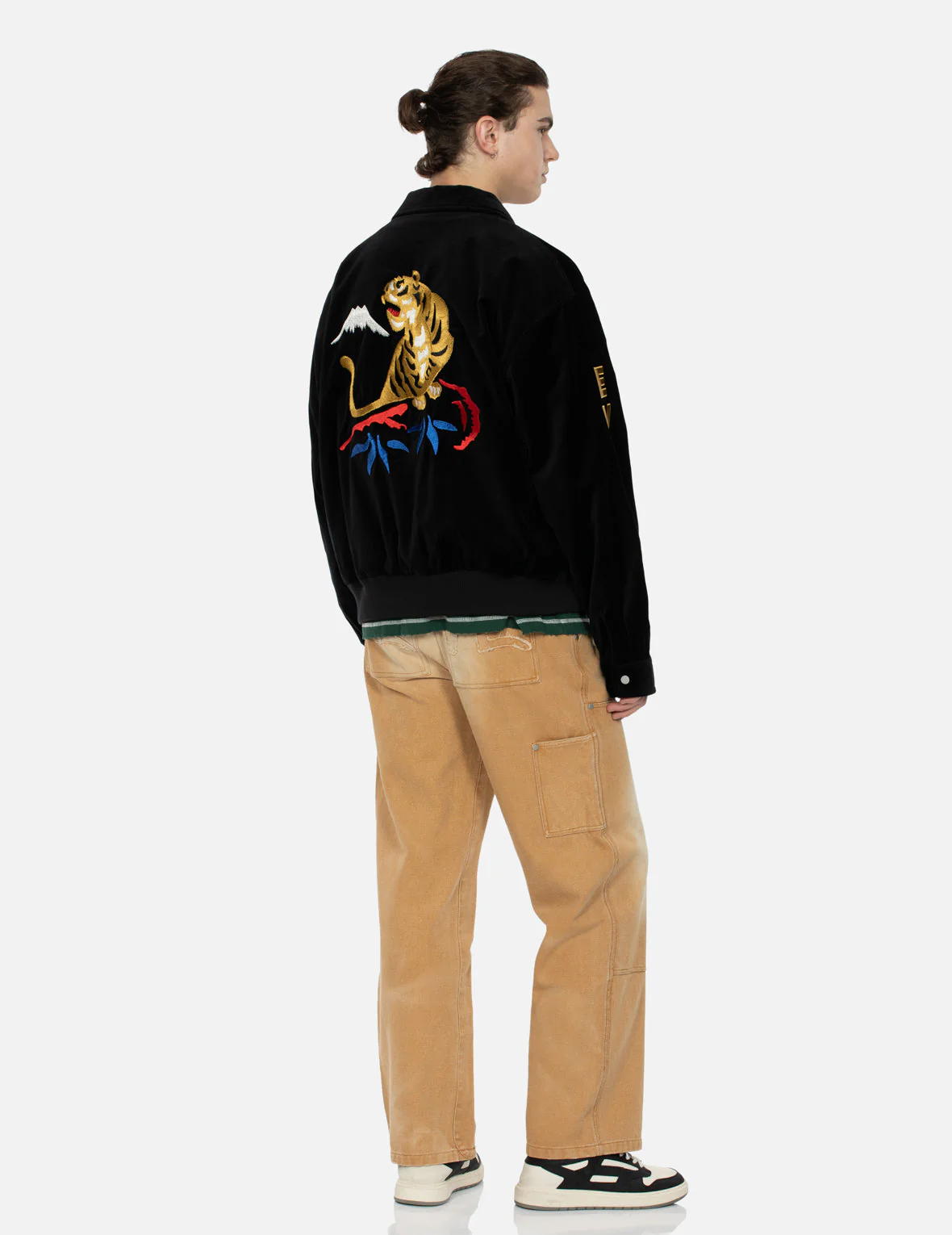 Tiger and Logo Embroidery Oversized Velvet Bomber Jacket - Image 3