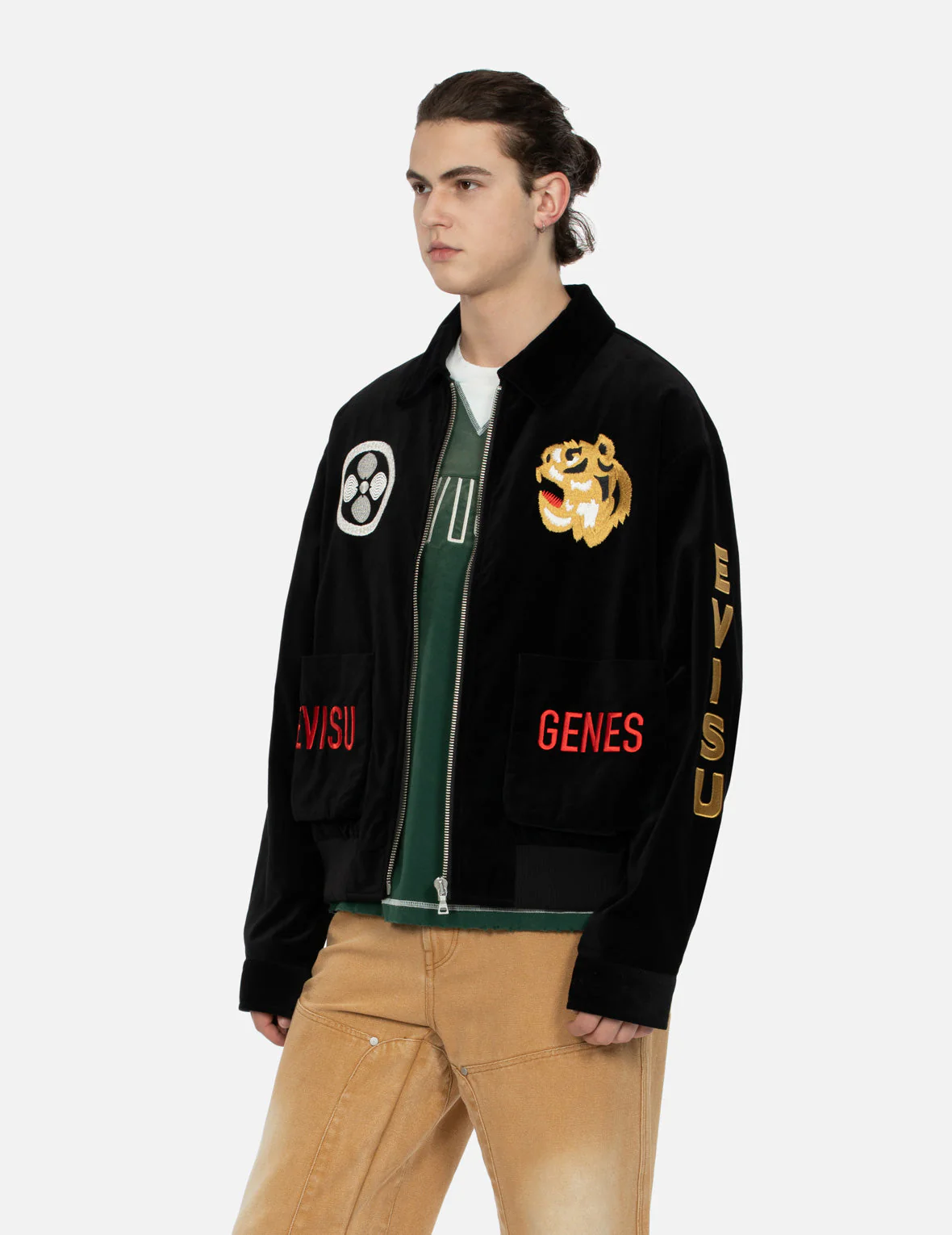 Tiger and Logo Embroidery Oversized Velvet Bomber Jacket - Image 8
