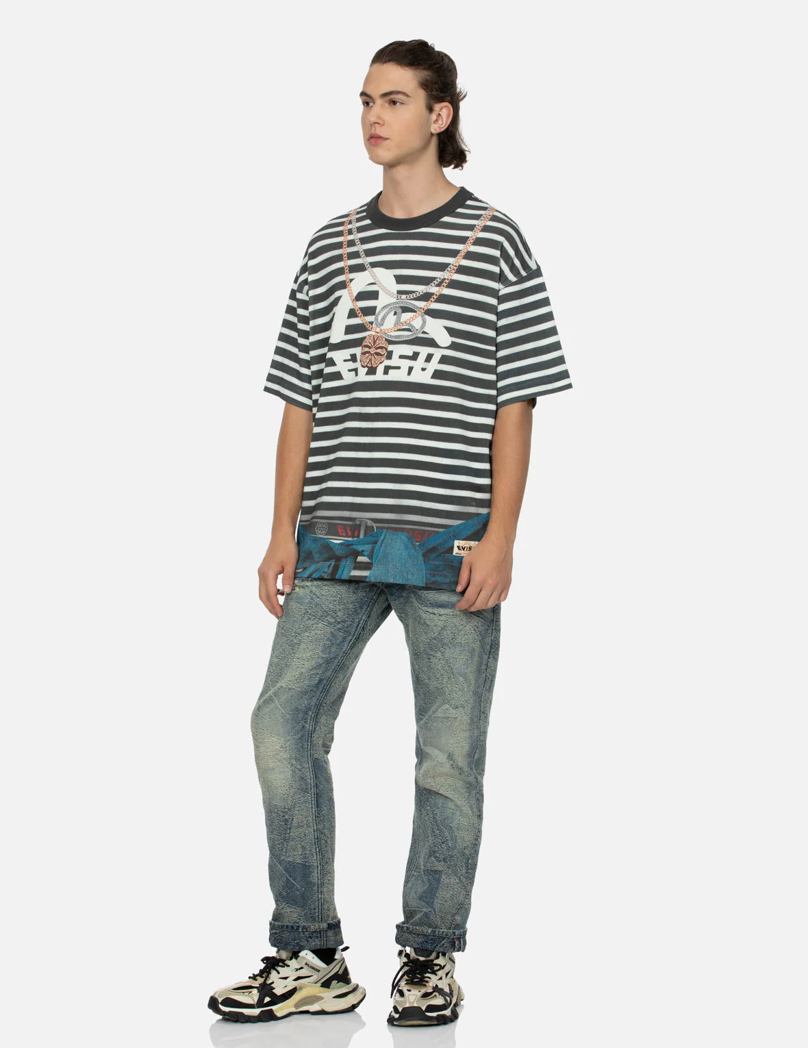 Trompe-l'oeil and Seagull Print Loose Fit Stripe T-Shirt - Image 3