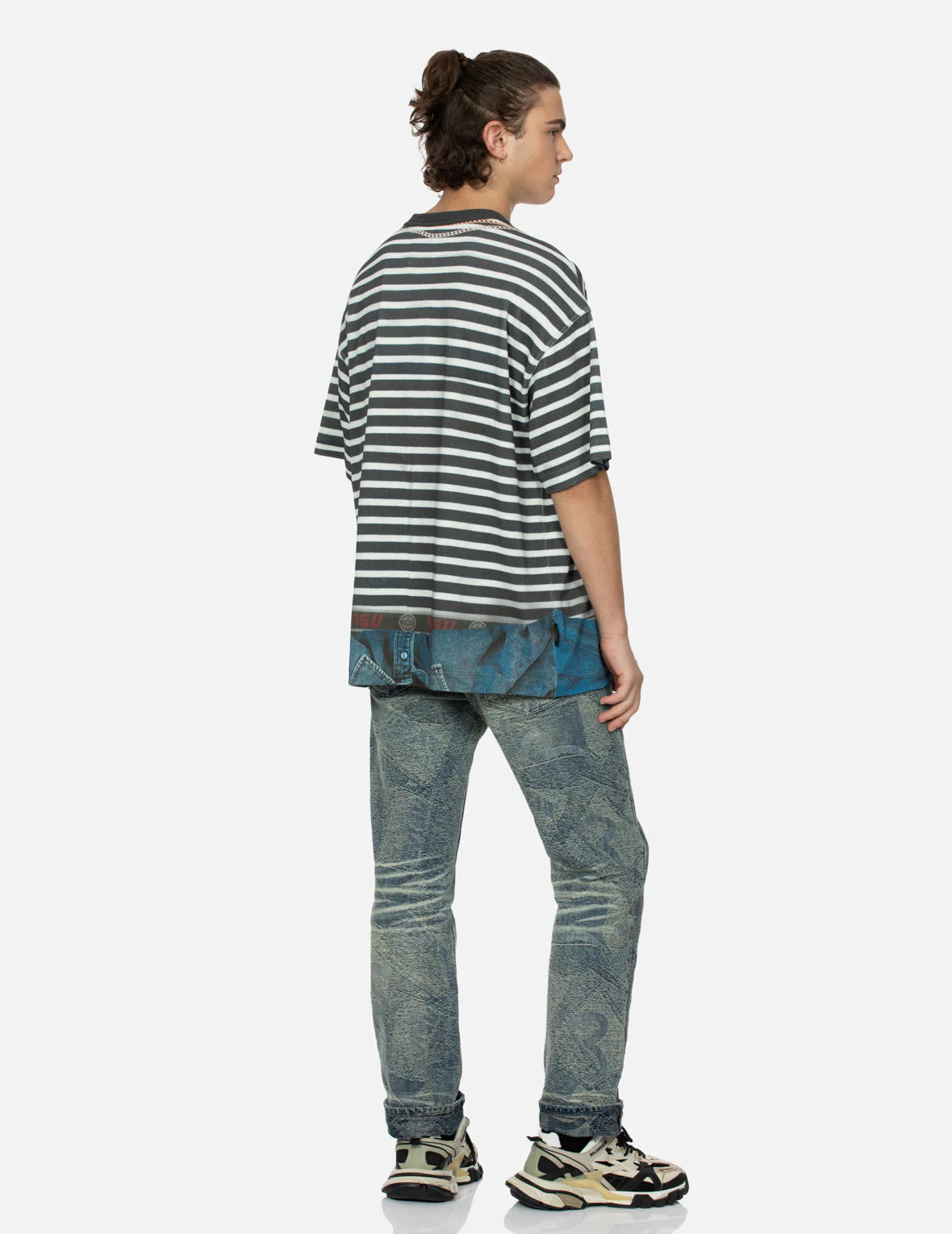 Trompe-l'oeil and Seagull Print Loose Fit Stripe T-Shirt - Image 4