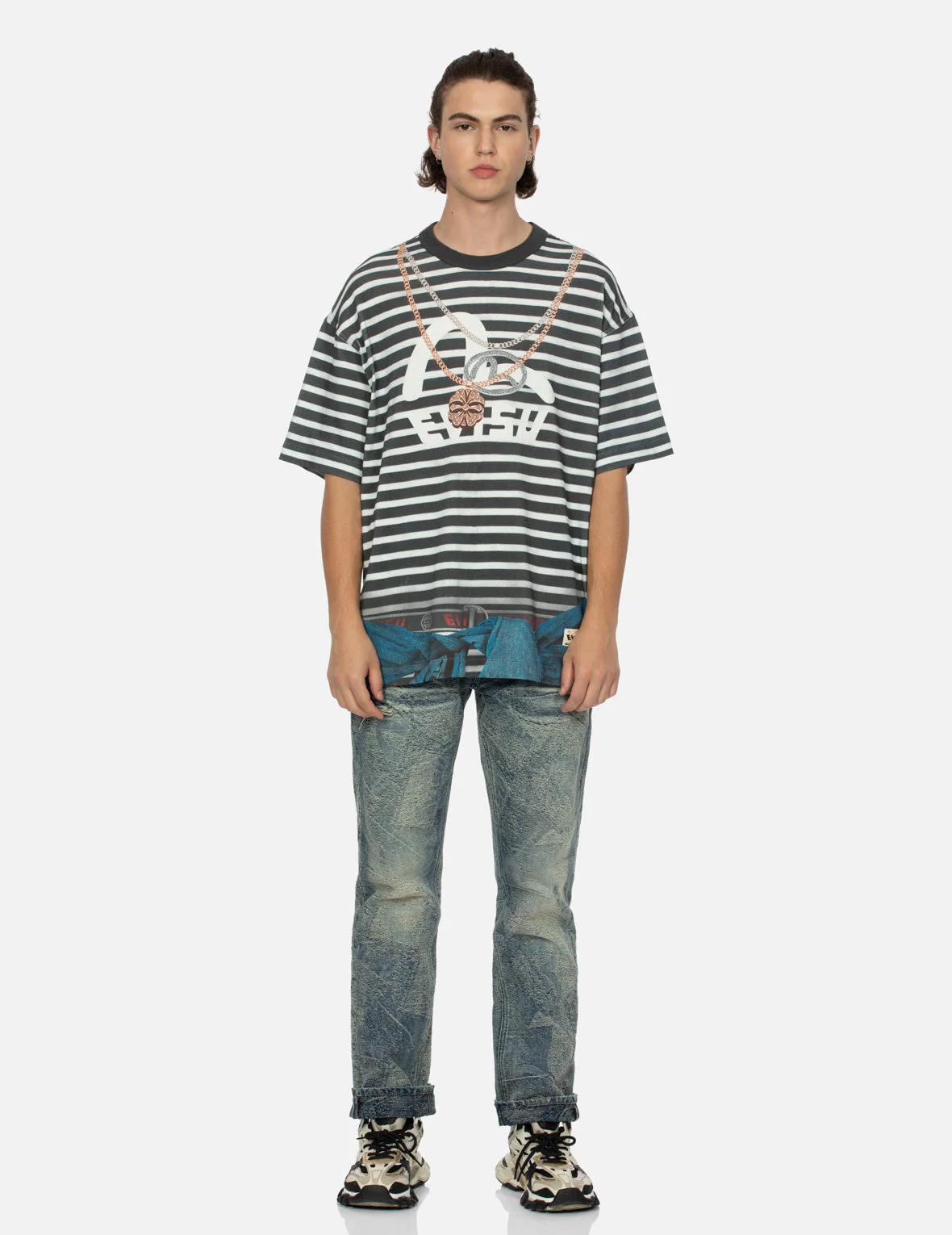 Trompe-l'oeil and Seagull Print Loose Fit Stripe T-Shirt - Image 5