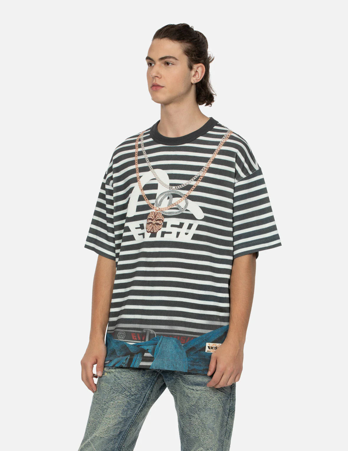 Trompe-l'oeil and Seagull Print Loose Fit Stripe T-Shirt - Image 7