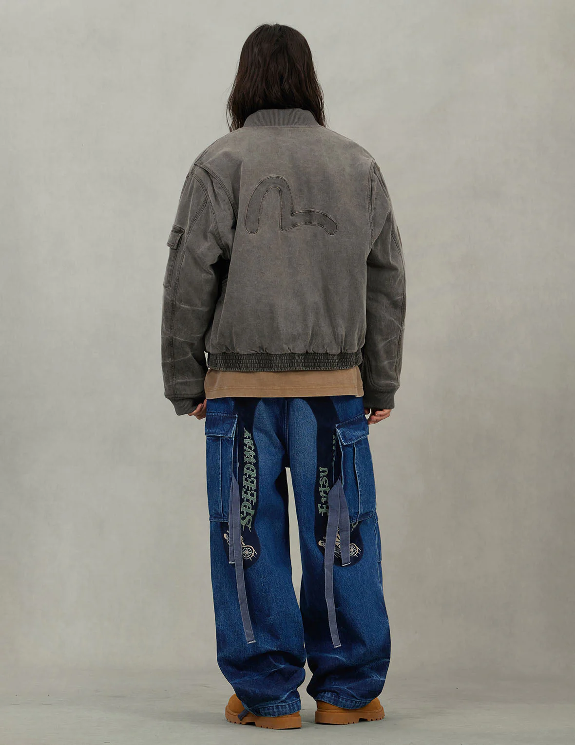 Vintage motorcycle Print Washed Daicock Embroidery Wide-leg Cargo Jeans - Image 6