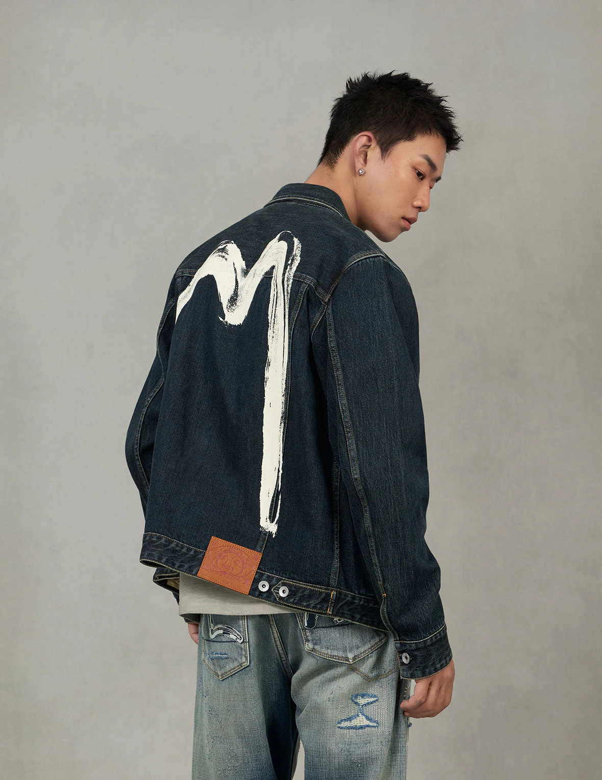 Washed Brushstroke Daicock Print Regular Fit Denim Jacket - Image 5