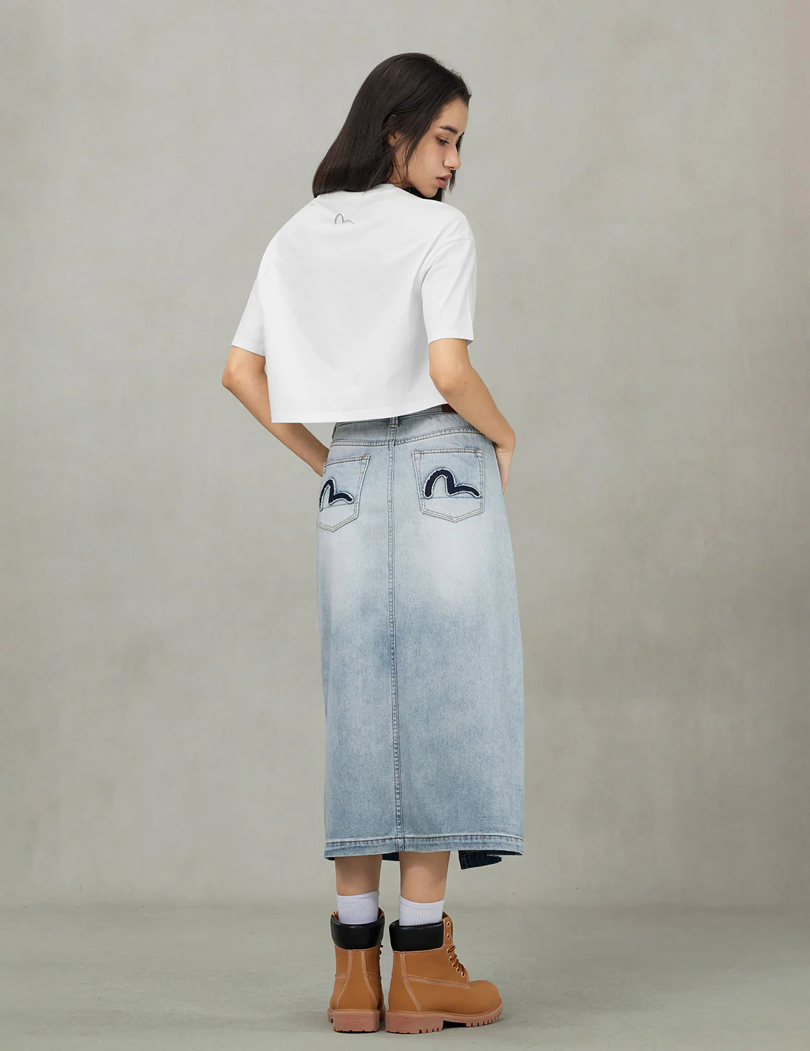 Washed Deconstructed Seagull Fashion Fit Demin Midi Skirt - Image 4