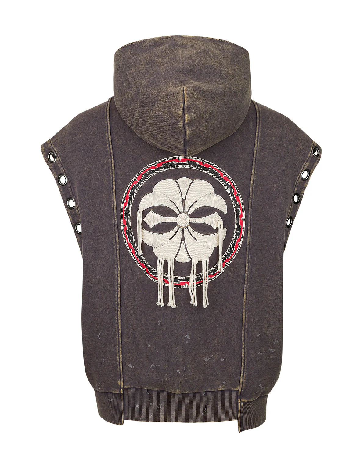 Washed Deconstructed Totem Kamon Embroidery Fashion Fit Hoodie Vest - Image 12