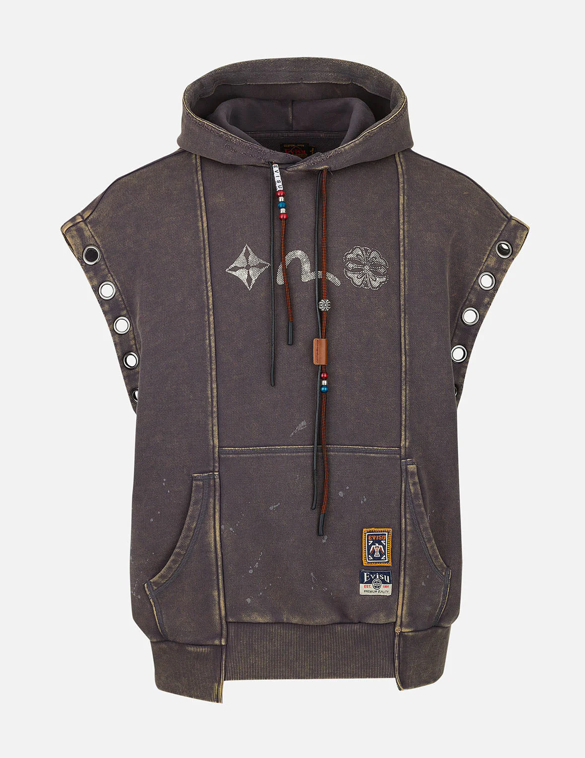 Washed Deconstructed Totem Kamon Embroidery Fashion Fit Hoodie Vest - Image 2