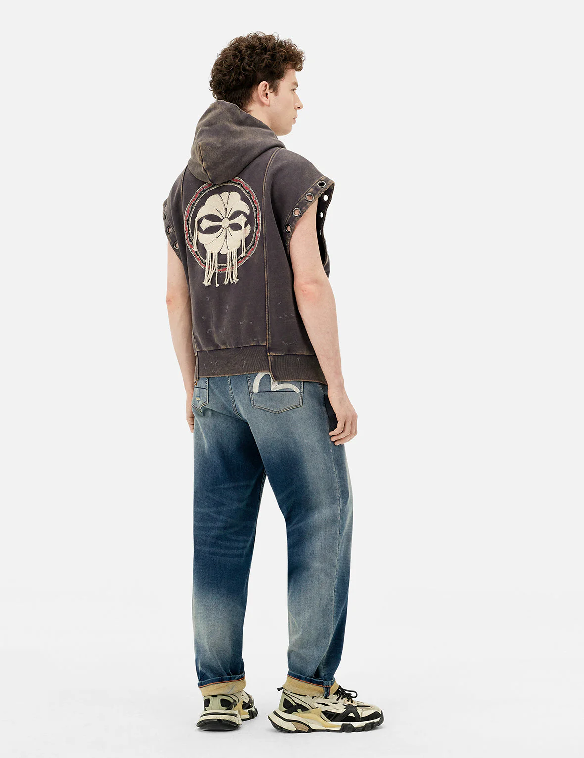 Washed Deconstructed Totem Kamon Embroidery Fashion Fit Hoodie Vest - Image 4