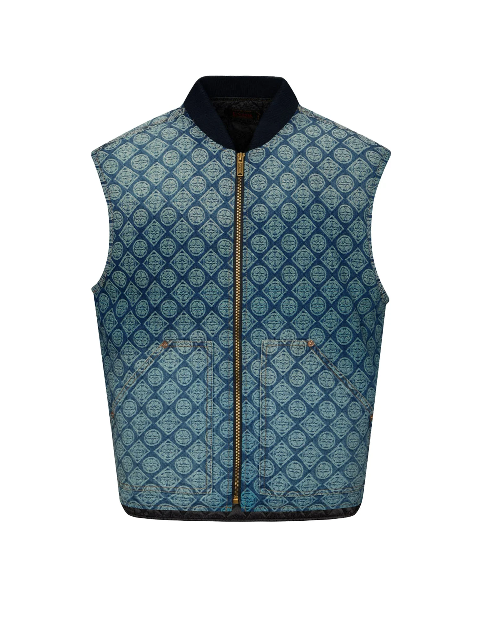 Washed Kamon Jacquard Relax Fit Denim Padded Vest - Image 15