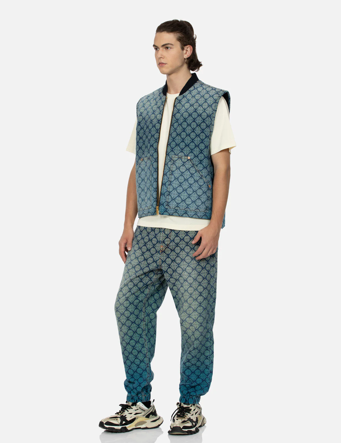Washed Kamon Jacquard Relax Fit Denim Padded Vest - Image 3