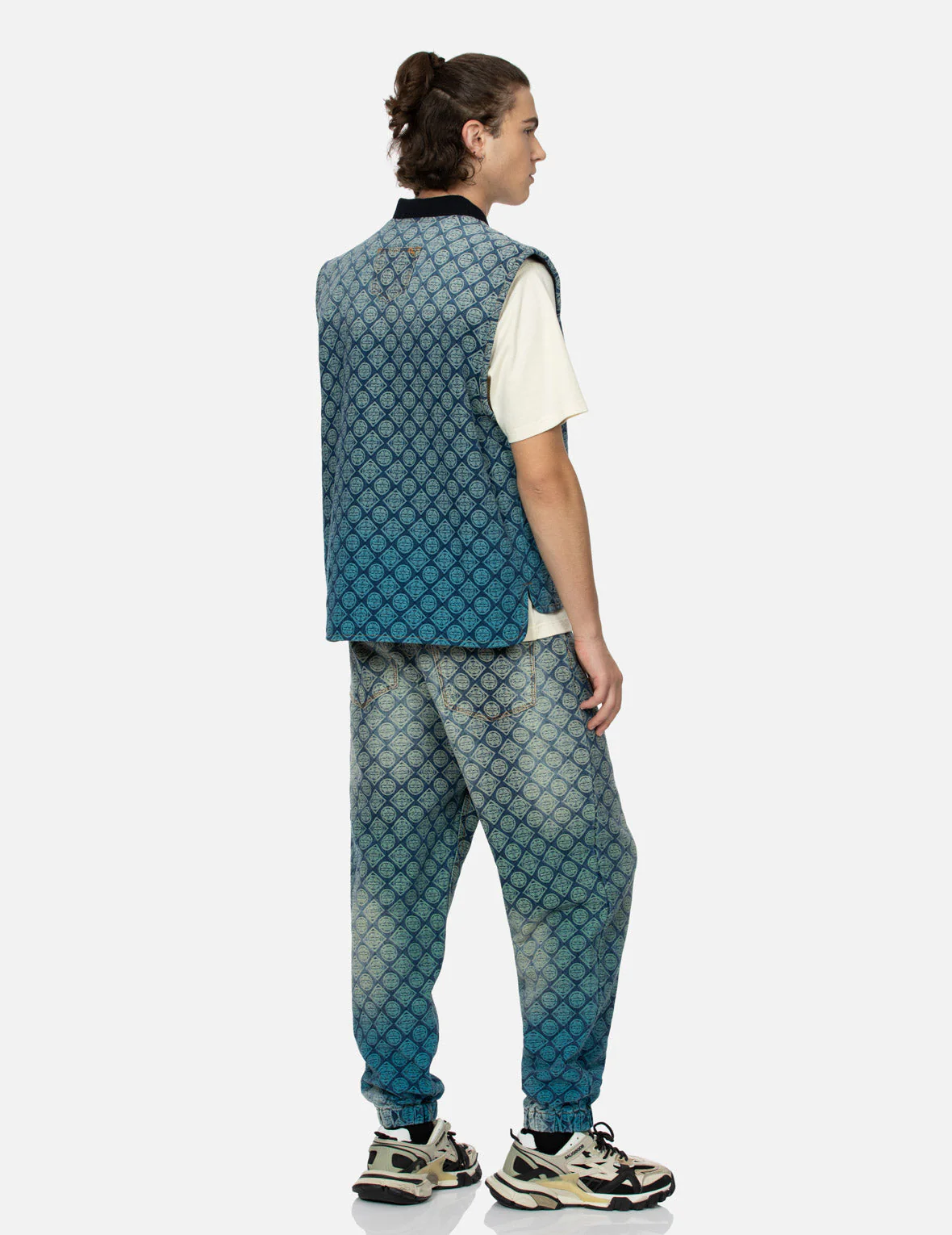 Washed Kamon Jacquard Relax Fit Denim Padded Vest - Image 4