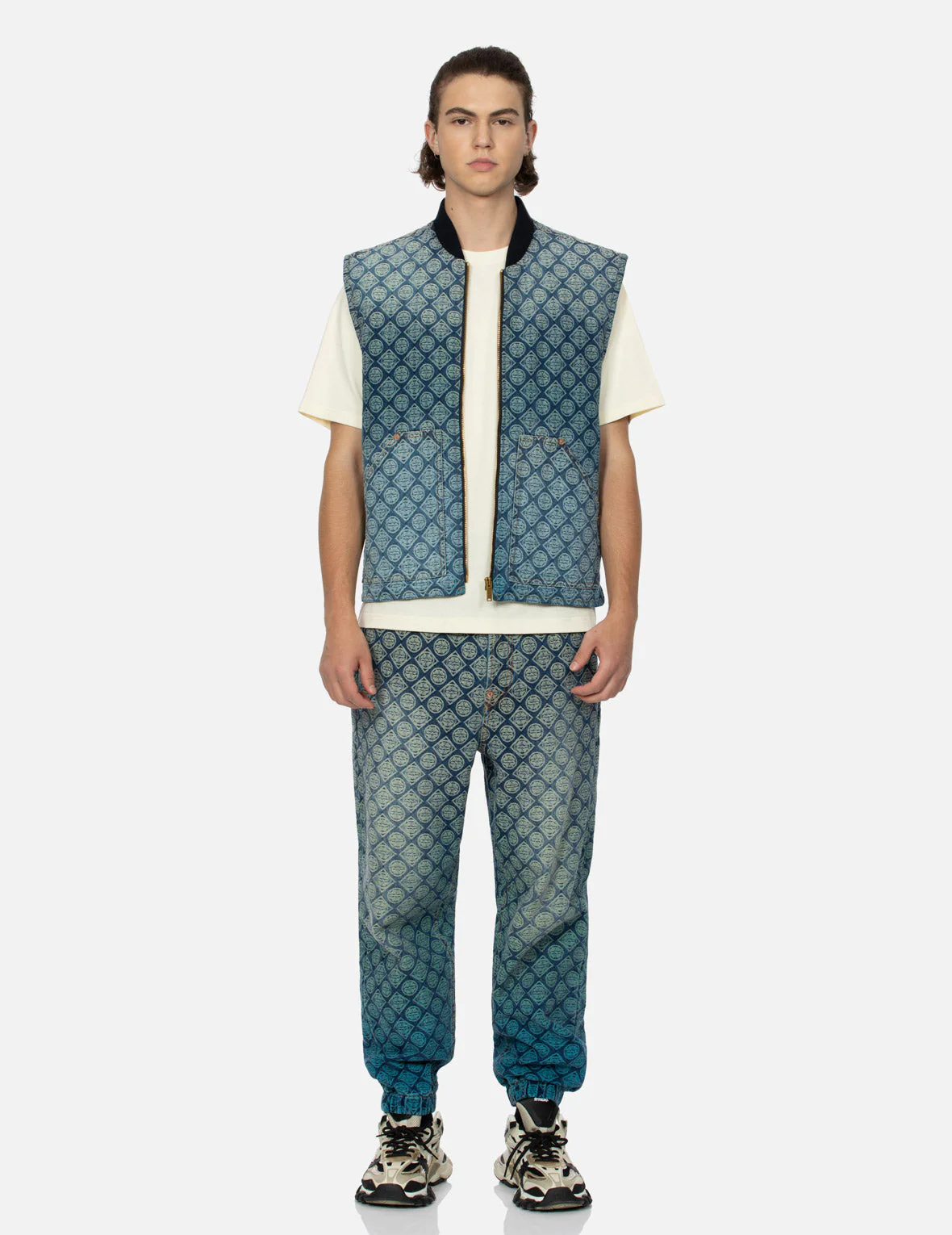 Washed Kamon Jacquard Relax Fit Denim Padded Vest - Image 5