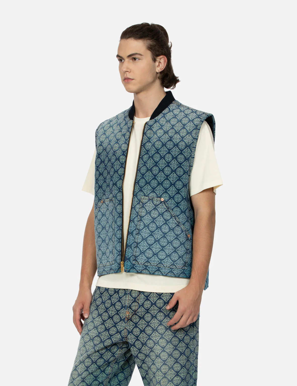 Washed Kamon Jacquard Relax Fit Denim Padded Vest - Image 7