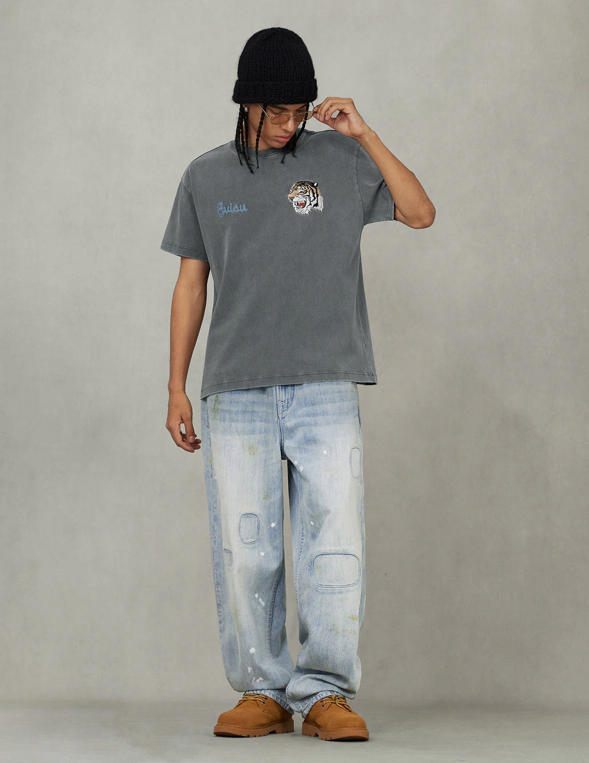 Washed Patchwork and Seagull Print Loose Fit Denim Jeans - Image 5