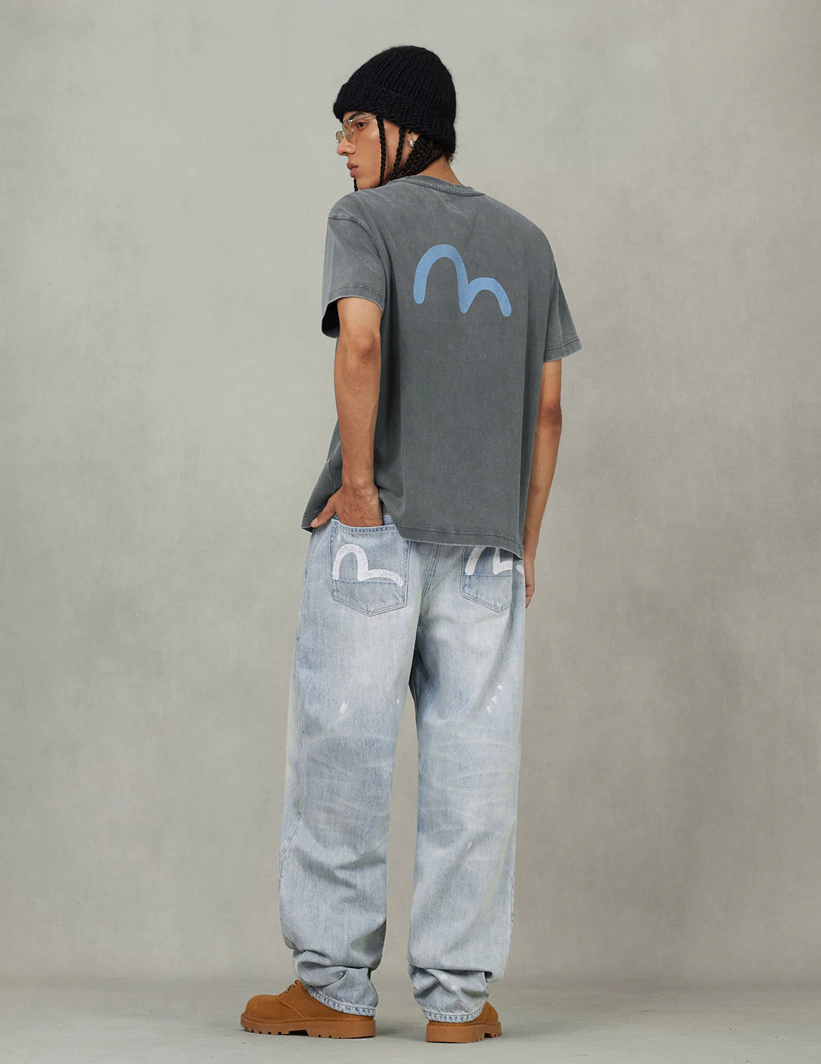 Washed Patchwork and Seagull Print Loose Fit Denim Jeans - Image 6