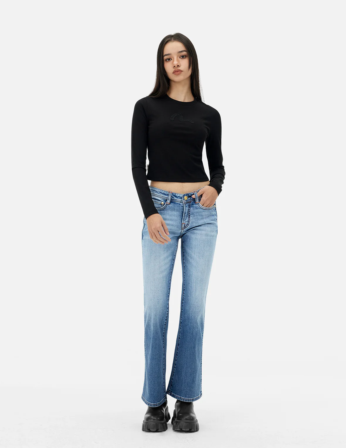 Washed Seagull and Totem Embroidery Bootcut Jeans - Image 3