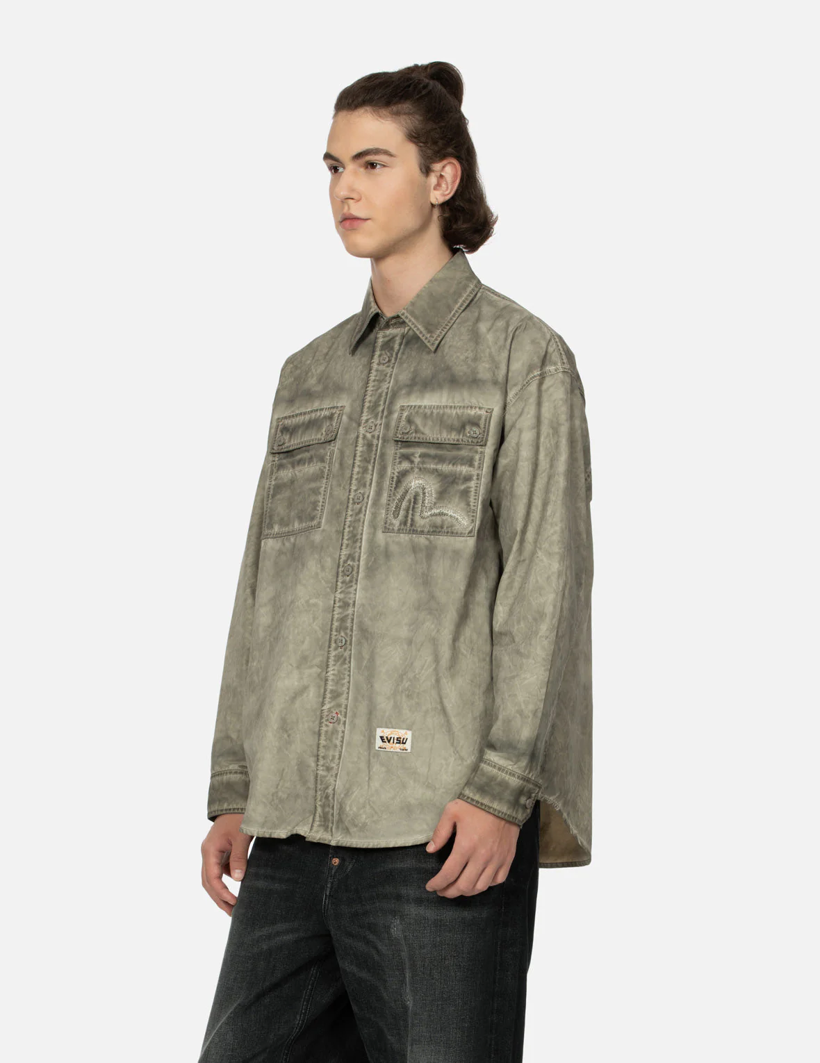 Washed Seagull Embroidery Loose Fit Shirt - Image 5